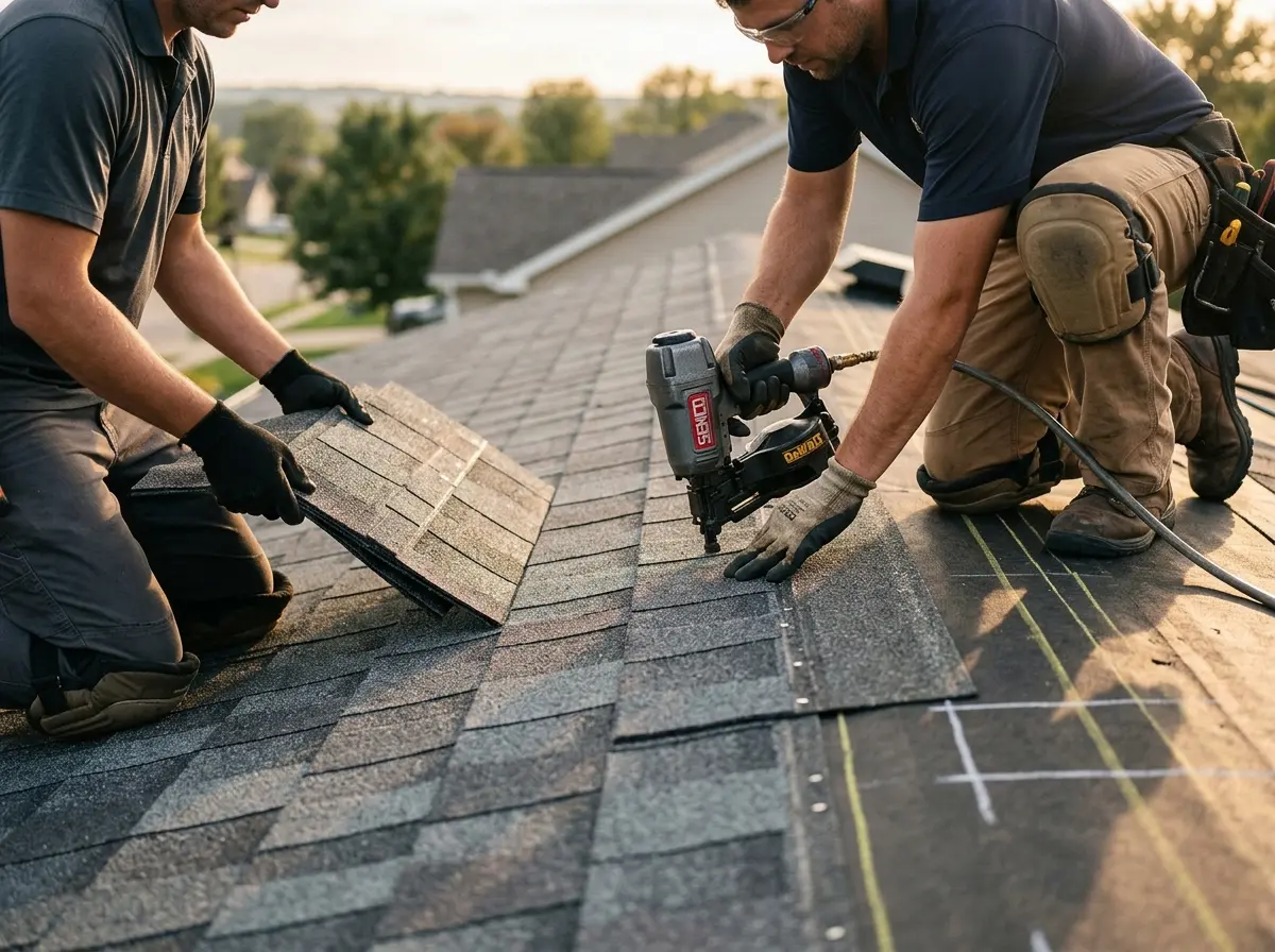 Professional roofer working on a residential roof in Eidson Road